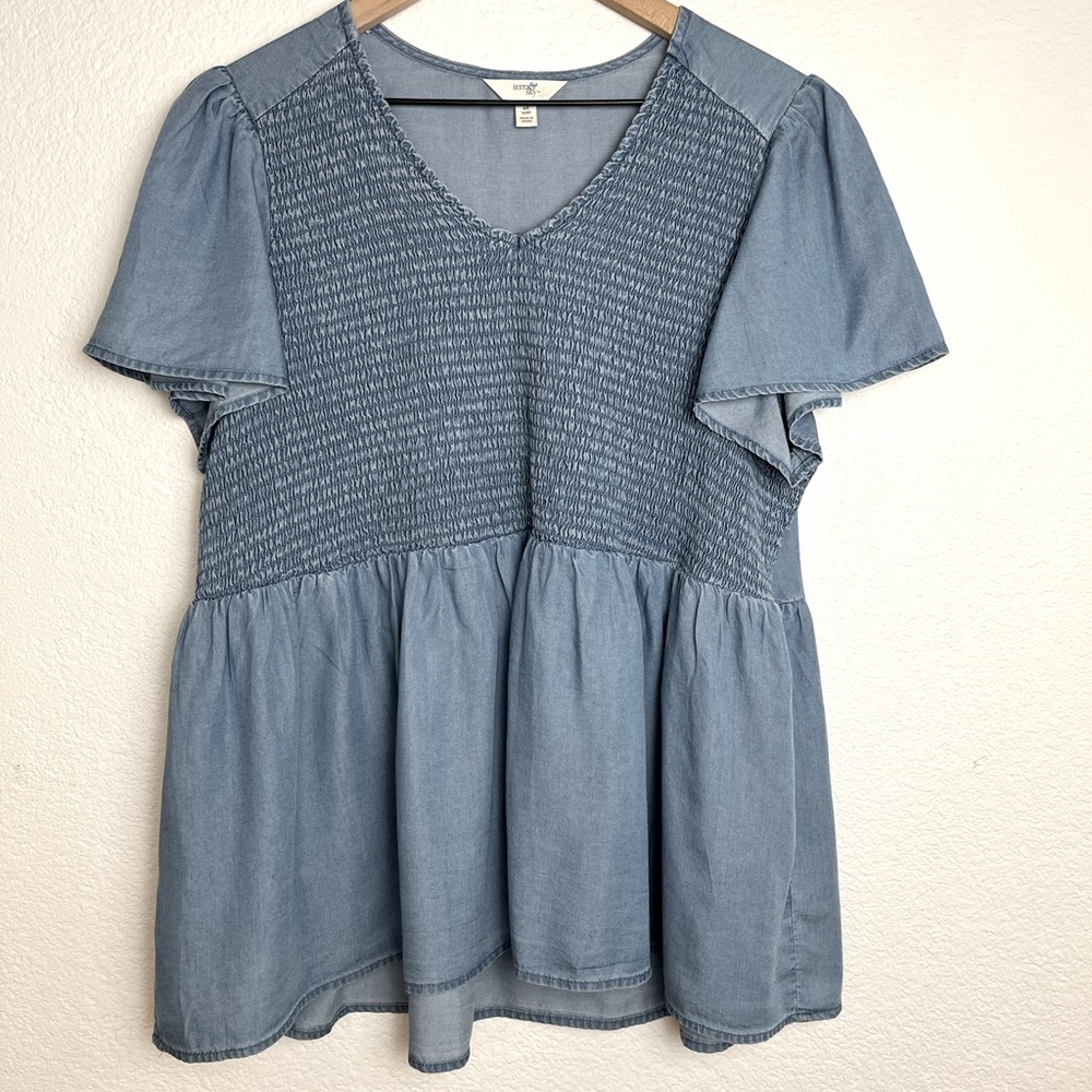 Terra & Sky Chambray Smocked short sleeve top size 0W (14 W)